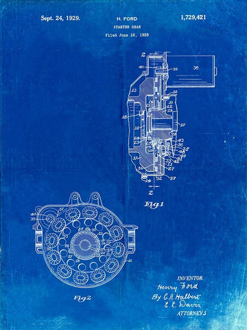 PP833-Faded Blueprint Ford Car Starter Gear 1928 Patent Poster Black Ornate Wood Framed Art Print with Double Matting by Borders, Cole