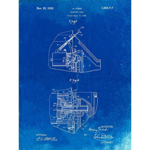 PP834-Faded Blueprint Ford Car Starter Patent Poster White Modern Wood Framed Art Print by Borders, Cole