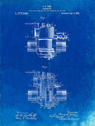 PP835-Faded Blueprint Ford Carburetor 1916 Patent Poster White Modern Wood Framed Art Print with Double Matting by Borders, Cole