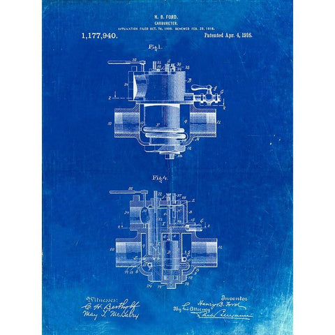 PP835-Faded Blueprint Ford Carburetor 1916 Patent Poster White Modern Wood Framed Art Print by Borders, Cole