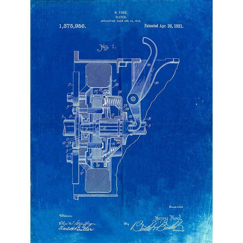 PP836-Faded Blueprint Ford Clutch Patent Poster White Modern Wood Framed Art Print by Borders, Cole