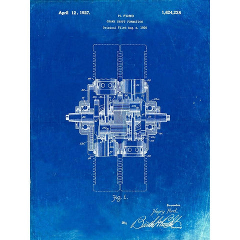 PP838-Faded Blueprint Ford Crank Shaft 1920 Patent Poster White Modern Wood Framed Art Print by Borders, Cole