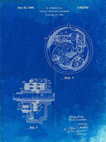 PP839-Faded Blueprint Ford Distributor 1946 Patent Poster White Modern Wood Framed Art Print with Double Matting by Borders, Cole