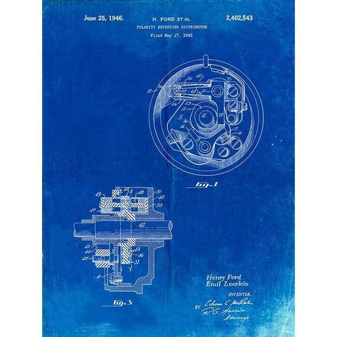 PP839-Faded Blueprint Ford Distributor 1946 Patent Poster White Modern Wood Framed Art Print by Borders, Cole