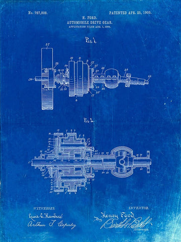 PP840-Faded Blueprint Ford Drive Gear Patent Art Black Ornate Wood Framed Art Print with Double Matting by Borders, Cole