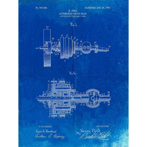 PP840-Faded Blueprint Ford Drive Gear Patent Art White Modern Wood Framed Art Print by Borders, Cole