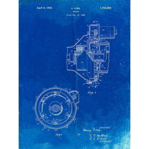 PP841-Faded Blueprint Ford Engine 1930 Patent Poster Gold Ornate Wood Framed Art Print with Double Matting by Borders, Cole