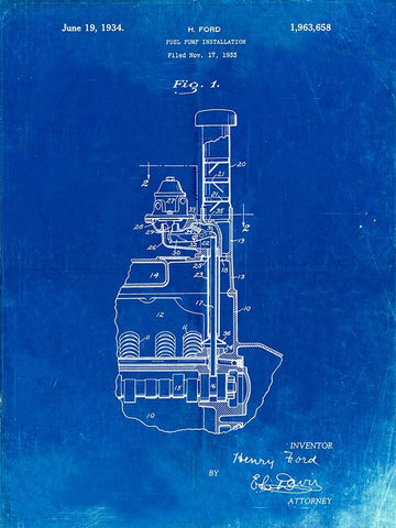 PP842-Faded Blueprint Ford Fuel Pump 1933 Patent Poster White Modern Wood Framed Art Print with Double Matting by Borders, Cole