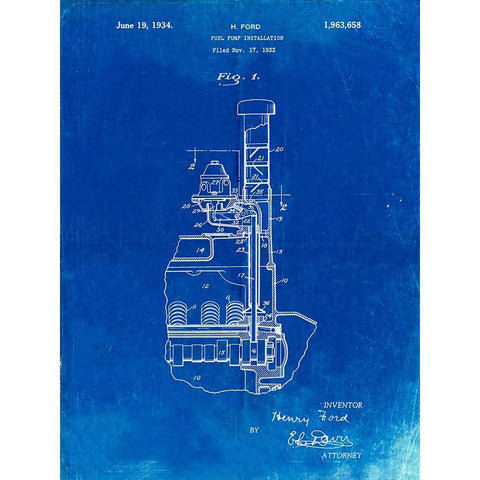 PP842-Faded Blueprint Ford Fuel Pump 1933 Patent Poster White Modern Wood Framed Art Print by Borders, Cole