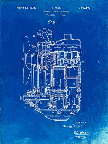 PP843-Faded Blueprint Ford Internal Combustion Engine Patent Poster Black Ornate Wood Framed Art Print with Double Matting by Borders, Cole