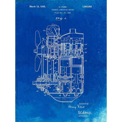 PP843-Faded Blueprint Ford Internal Combustion Engine Patent Poster Black Modern Wood Framed Art Print with Double Matting by Borders, Cole