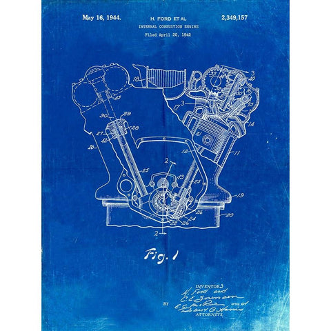 PP844-Faded Blueprint Ford Internal Combustion Engine Poster Gold Ornate Wood Framed Art Print with Double Matting by Borders, Cole