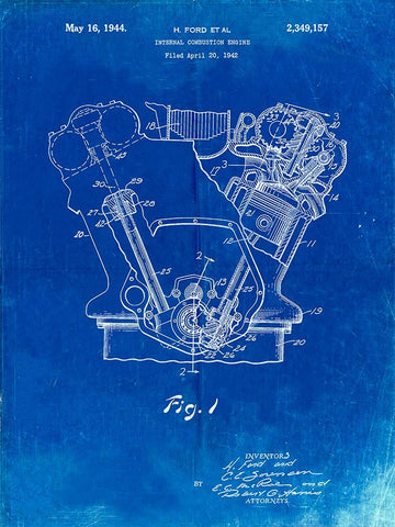PP844-Faded Blueprint Ford Internal Combustion Engine Poster Black Ornate Wood Framed Art Print with Double Matting by Borders, Cole