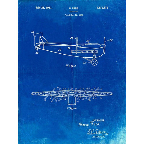 PP849-Faded Blueprint Ford Tri-Motor Airplane "The Tin Goose" Patent Poster Gold Ornate Wood Framed Art Print with Double Matting by Borders, Cole