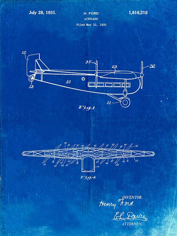 PP849-Faded Blueprint Ford Tri-Motor Airplane "The Tin Goose" Patent Poster Black Ornate Wood Framed Art Print with Double Matting by Borders, Cole