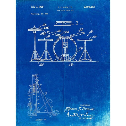 PP852-Faded Blueprint Frank Ippolito Practice Drum Set Patent Poster Gold Ornate Wood Framed Art Print with Double Matting by Borders, Cole