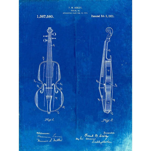 PP853-Faded Blueprint Frank M. Ashley Violin Patent Poster Black Modern Wood Framed Art Print with Double Matting by Borders, Cole