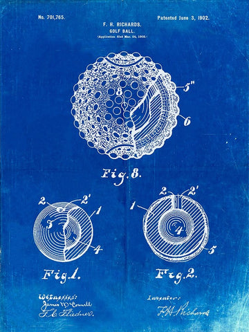 PP856-Faded Blueprint Golf Ball 1902 Patent Poster Black Ornate Wood Framed Art Print with Double Matting by Borders, Cole