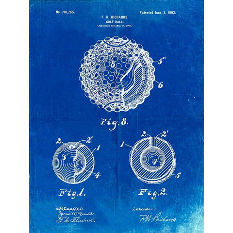 PP856-Faded Blueprint Golf Ball 1902 Patent Poster White Modern Wood Framed Art Print by Borders, Cole