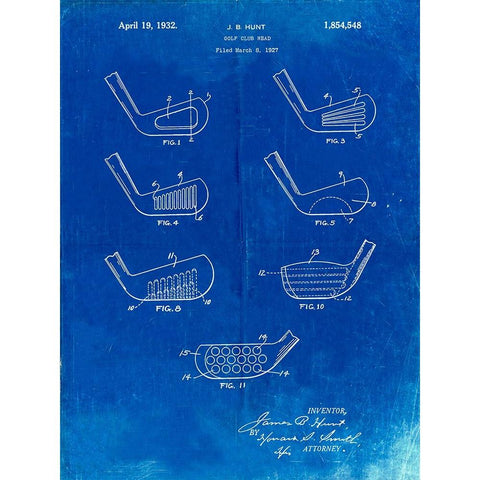 PP857-Faded Blueprint Golf Club Head Patent Poster White Modern Wood Framed Art Print by Borders, Cole