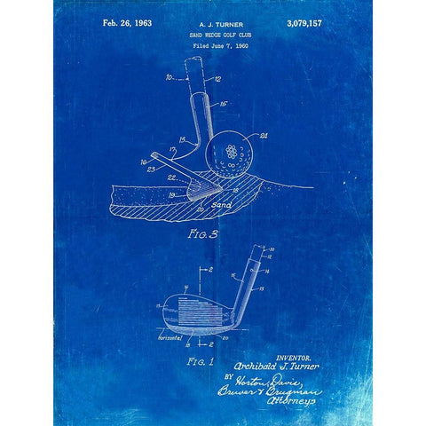 PP859-Faded Blueprint Golf Sand Wedge Patent Poster Gold Ornate Wood Framed Art Print with Double Matting by Borders, Cole