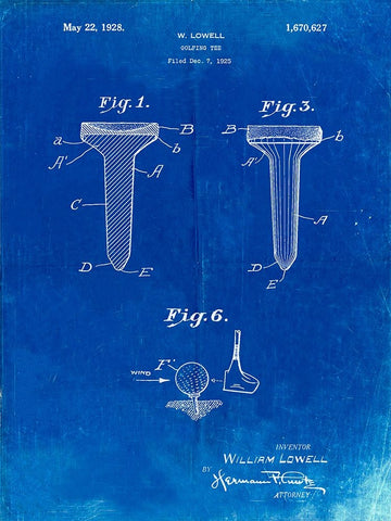 PP860-Faded Blueprint Golf Tee Patent Poster White Modern Wood Framed Art Print with Double Matting by Borders, Cole