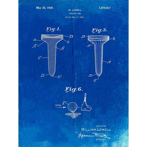 PP860-Faded Blueprint Golf Tee Patent Poster Gold Ornate Wood Framed Art Print with Double Matting by Borders, Cole