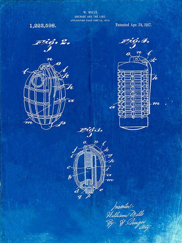 PP866-Faded Blueprint Hand Grenade 1915 Patent Poster White Modern Wood Framed Art Print with Double Matting by Borders, Cole