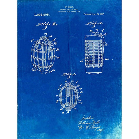 PP866-Faded Blueprint Hand Grenade 1915 Patent Poster Gold Ornate Wood Framed Art Print with Double Matting by Borders, Cole