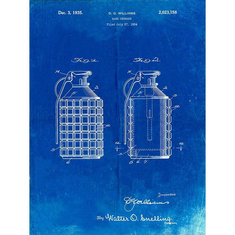 PP867-Faded Blueprint Hand Grenade Patent Poster White Modern Wood Framed Art Print by Borders, Cole