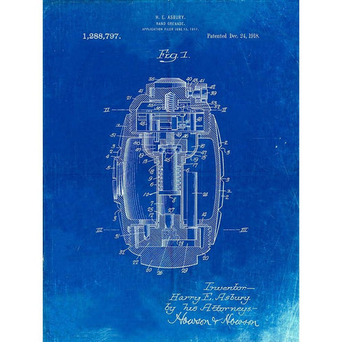 PP868-Faded Blueprint Hand Grenade World War 1 Patent Poster Gold Ornate Wood Framed Art Print with Double Matting by Borders, Cole