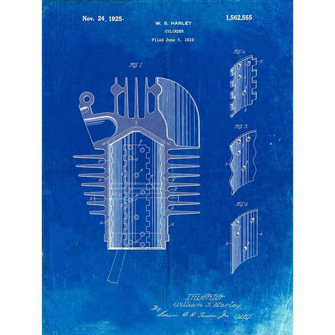 PP869-Faded Blueprint Harley Davidson Cylinder 1919 Patent Poster White Modern Wood Framed Art Print by Borders, Cole