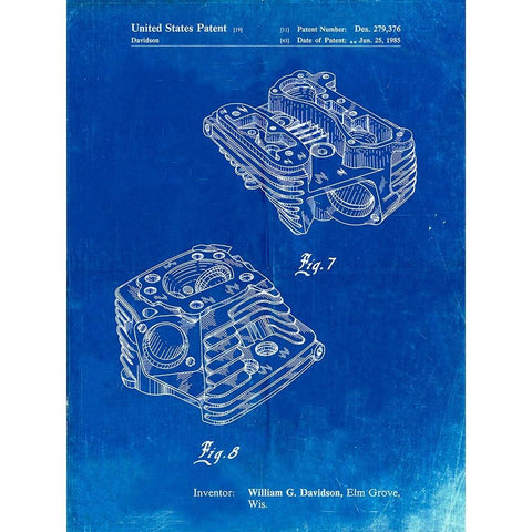 PP870-Faded Blueprint Harley Davidson Engine Head Patent Poster White Modern Wood Framed Art Print by Borders, Cole