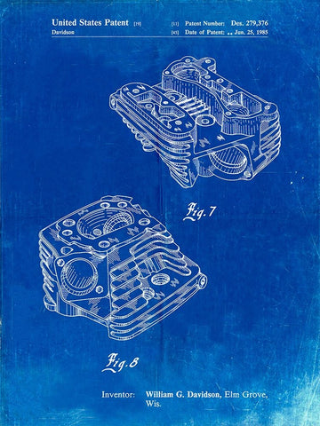 PP870-Faded Blueprint Harley Davidson Engine Head Patent Poster White Modern Wood Framed Art Print with Double Matting by Borders, Cole