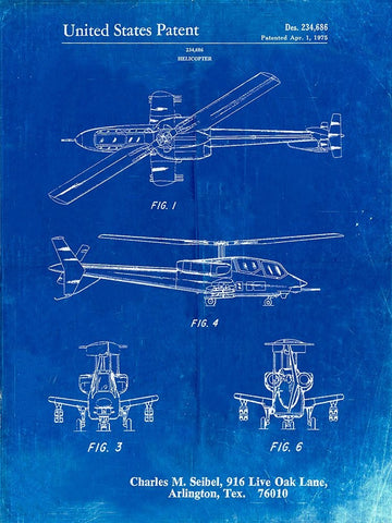 PP876-Faded Blueprint Helicopter Patent Print White Modern Wood Framed Art Print with Double Matting by Borders, Cole