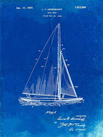 PP878-Faded Blueprint Herreshoff R 40 Gamecock Racing Sailboat Patent Poster White Modern Wood Framed Art Print with Double Matting by Borders, Cole