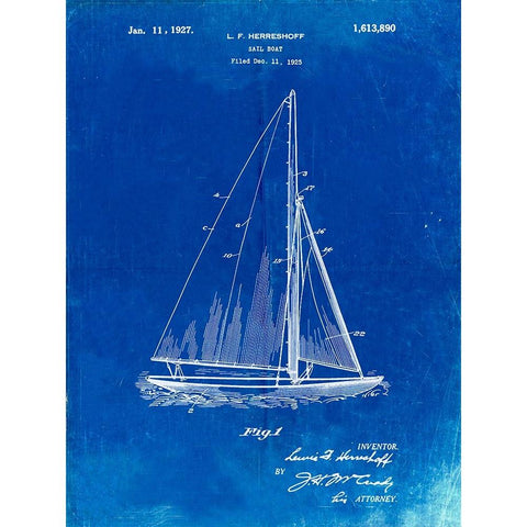 PP878-Faded Blueprint Herreshoff R 40 Gamecock Racing Sailboat Patent Poster Gold Ornate Wood Framed Art Print with Double Matting by Borders, Cole