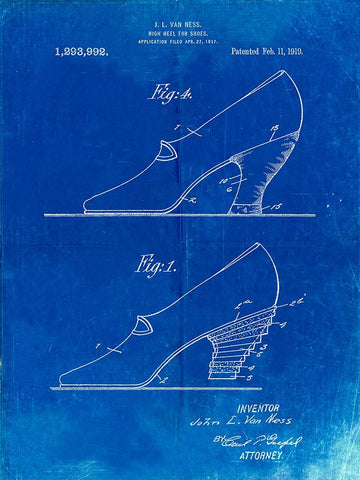 PP879-Faded Blueprint High Heel Shoes 1919 Patent Poster White Modern Wood Framed Art Print with Double Matting by Borders, Cole