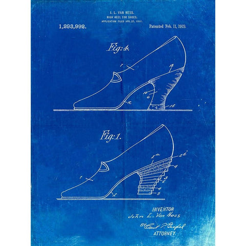 PP879-Faded Blueprint High Heel Shoes 1919 Patent Poster White Modern Wood Framed Art Print by Borders, Cole