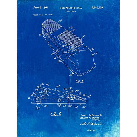 PP883-Faded Blueprint Horace N Rowe Wah Pedal Patent Poster White Modern Wood Framed Art Print by Borders, Cole