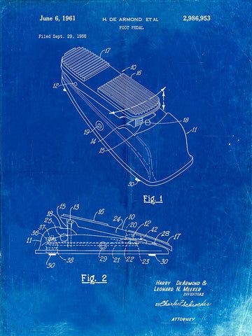 PP883-Faded Blueprint Horace N Rowe Wah Pedal Patent Poster Black Ornate Wood Framed Art Print with Double Matting by Borders, Cole