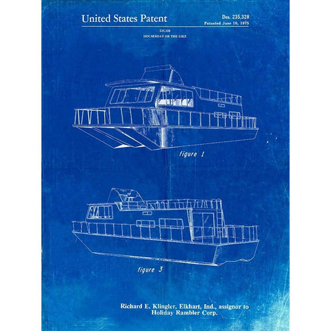 PP884-Faded Blueprint Houseboat Patent Poster Black Modern Wood Framed Art Print with Double Matting by Borders, Cole