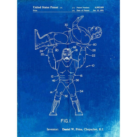 PP885-Faded Blueprint Hulk Hogan Wrestling Action Figure Patent Poster White Modern Wood Framed Art Print by Borders, Cole