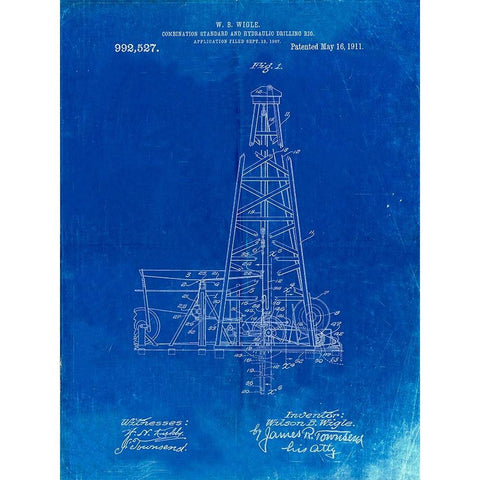 PP886-Faded Blueprint Hydraulic Drilling Rig Patent Poster Black Modern Wood Framed Art Print with Double Matting by Borders, Cole