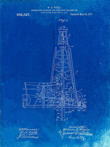 PP886-Faded Blueprint Hydraulic Drilling Rig Patent Poster White Modern Wood Framed Art Print with Double Matting by Borders, Cole
