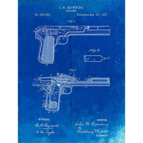 PP894-Faded Blueprint J.M. Browning Pistol Patent Poster Black Modern Wood Framed Art Print with Double Matting by Borders, Cole