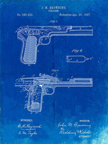 PP894-Faded Blueprint J.M. Browning Pistol Patent Poster Black Ornate Wood Framed Art Print with Double Matting by Borders, Cole