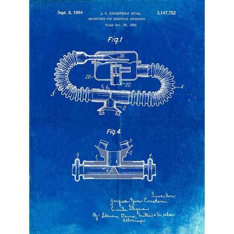 PP896-Faded Blueprint Jacques Cousteau Diving Mouthpiece Patent Poster White Modern Wood Framed Art Print by Borders, Cole