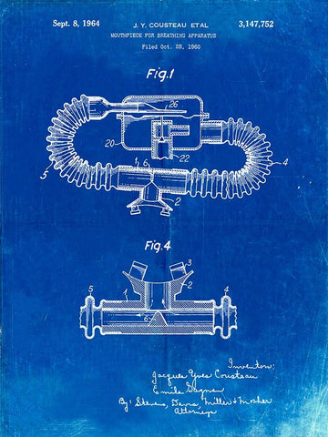 PP896-Faded Blueprint Jacques Cousteau Diving Mouthpiece Patent Poster White Modern Wood Framed Art Print with Double Matting by Borders, Cole