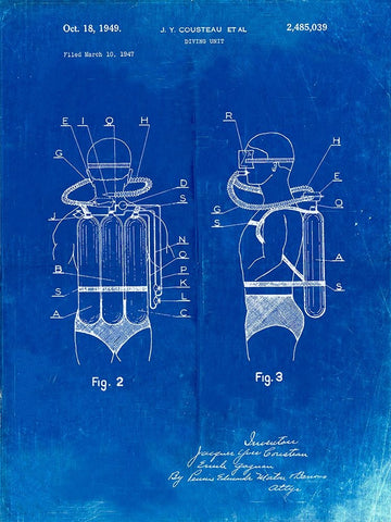 PP897-Faded Blueprint Jacques Cousteau Diving Suit Patent Poster White Modern Wood Framed Art Print with Double Matting by Borders, Cole